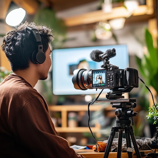 Content creator filming YouTube video in professional studio